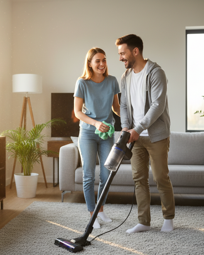 счастливая пара которая убирает дома